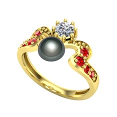 Ner İnci Yüzük - Siyah inci, swarovski ve garnet 14 ayar altın yüzük #151whdz