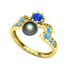 Ner İnci Yüzük - Siyah inci, lab safir ve akuamarin 18 ayar altın yüzük #157nj3p