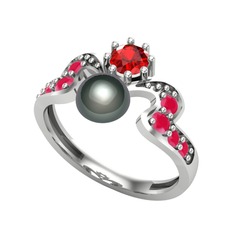 Ner İnci Yüzük - Siyah inci, garnet ve kök yakut 14 ayar beyaz altın yüzük #15990tw