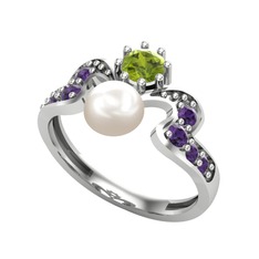 Ner İnci Yüzük - Inci, peridot ve ametist 8 ayar beyaz altın yüzük #15e074n