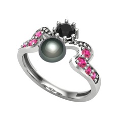 Siyah inci, siyah zirkon ve rodolit garnet 14 ayar beyaz altın yüzük