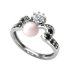 Ner İnci Yüzük - Pembe inci, pırlanta ve siyah zirkon 14 ayar beyaz altın yüzük (0.35 karat) #15yn7os