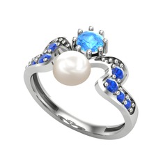 Ner İnci Yüzük - Inci, akuamarin ve lab safir 18 ayar beyaz altın yüzük #169q0jt