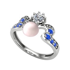 Pembe inci, swarovski ve lab safir 18 ayar beyaz altın yüzük