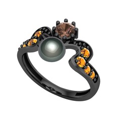 Ner İnci Yüzük - Siyah inci, dumanlı kuvars ve sitrin 925 ayar siyah rodyum kaplama gümüş yüzük #16s4q3p