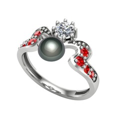 Ner İnci Yüzük - Siyah inci, swarovski ve garnet 18 ayar beyaz altın yüzük #16svzfw