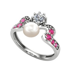 Inci, swarovski ve rodolit garnet 14 ayar beyaz altın yüzük