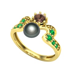 Ner İnci Yüzük - Siyah inci, dumanlı kuvars ve yeşil kuvars 8 ayar altın yüzük #16zwljy