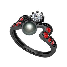 Siyah inci, beyaz zirkon ve garnet 925 ayar siyah rodyum kaplama gümüş yüzük