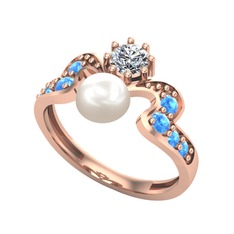 Ner İnci Yüzük - Inci, swarovski ve akuamarin 14 ayar rose altın yüzük #174zvo8