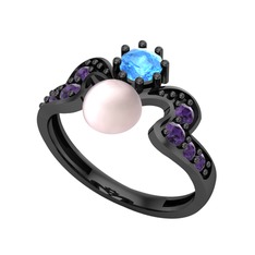 Ner İnci Yüzük - Pembe inci, akuamarin ve ametist 925 ayar siyah rodyum kaplama gümüş yüzük #17b8mtq