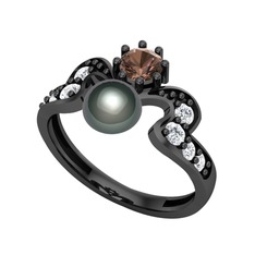 Siyah inci, dumanlı kuvars ve pırlanta 925 ayar siyah rodyum kaplama gümüş yüzük (0.48 karat)