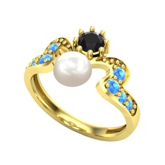Ner İnci Yüzük - Inci, siyah zirkon ve akuamarin 18 ayar altın yüzük #17r7w3e