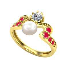 Ner İnci Yüzük - Inci, beyaz zirkon ve kök yakut 14 ayar altın yüzük #18gi76w