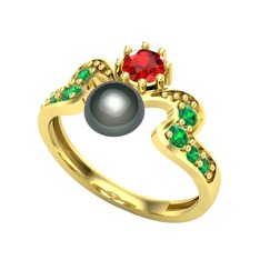 Ner İnci Yüzük - Siyah inci, garnet ve yeşil kuvars 18 ayar altın yüzük #18qr06l