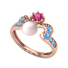 Pembe inci, rodolit garnet ve akuamarin 14 ayar rose altın yüzük