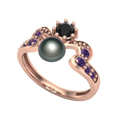 Ner İnci Yüzük - Siyah inci, siyah zirkon ve ametist 14 ayar rose altın yüzük #196bfa9