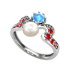Ner İnci Yüzük - Inci, akuamarin ve garnet 14 ayar beyaz altın yüzük #199a7tc