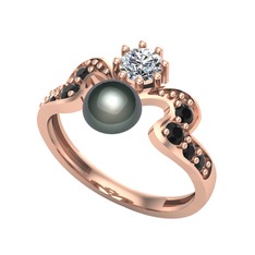 Ner İnci Yüzük - Siyah inci, swarovski ve siyah zirkon 8 ayar rose altın yüzük #19hvl11