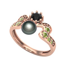 Siyah inci, siyah zirkon ve peridot 14 ayar rose altın yüzük