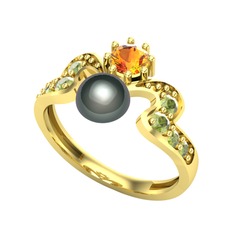 Ner İnci Yüzük - Siyah inci, sitrin ve peridot 8 ayar altın yüzük #19nn9su