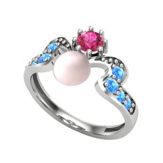 Ner İnci Yüzük - Pembe inci, rodolit garnet ve akuamarin 8 ayar beyaz altın yüzük #19ynfiv