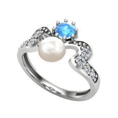 Inci, akuamarin ve swarovski 14 ayar beyaz altın yüzük