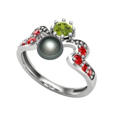 Ner İnci Yüzük - Siyah inci, peridot ve garnet 18 ayar beyaz altın yüzük #1a22al3