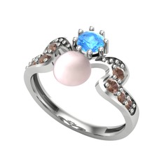 Ner İnci Yüzük - Pembe inci, akuamarin ve dumanlı kuvars 18 ayar beyaz altın yüzük #1ait5br