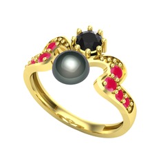 Ner İnci Yüzük - Siyah inci, siyah zirkon ve kök yakut 8 ayar altın yüzük #1aj6nbs