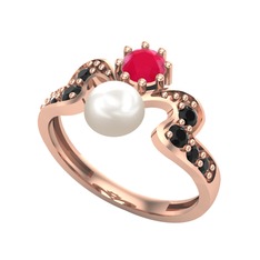 Ner İnci Yüzük - Inci, kök yakut ve siyah zirkon 8 ayar rose altın yüzük #1at1qju