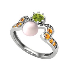 Pembe inci, peridot ve sitrin 14 ayar beyaz altın yüzük