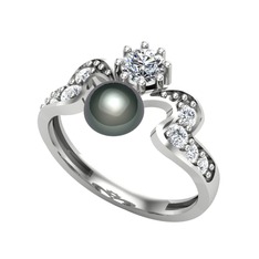 Ner İnci Yüzük - Siyah inci, swarovski ve pırlanta 18 ayar beyaz altın yüzük (0.48 karat) #1b3s1wn