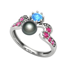 Ner İnci Yüzük - Siyah inci, akuamarin ve rodolit garnet 14 ayar beyaz altın yüzük #1b6kenl