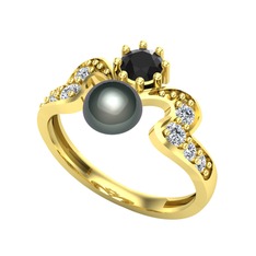 Ner İnci Yüzük - Siyah inci, siyah zirkon ve beyaz zirkon 8 ayar altın yüzük #1bc66ll
