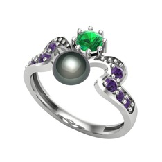 Ner İnci Yüzük - Siyah inci, yeşil kuvars ve ametist 14 ayar beyaz altın yüzük #1bd9rlu