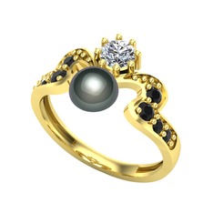 Ner İnci Yüzük - Siyah inci, beyaz zirkon ve siyah zirkon 18 ayar altın yüzük #1bhgsbt
