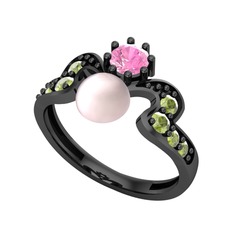 Ner İnci Yüzük - Pembe inci, pembe kuvars ve peridot 925 ayar siyah rodyum kaplama gümüş yüzük #1bhimfc