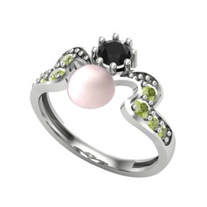 Pembe inci, siyah zirkon ve peridot 18 ayar beyaz altın yüzük