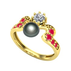 Ner İnci Yüzük - Siyah inci, beyaz zirkon ve kök yakut 925 ayar altın kaplama gümüş yüzük #1blzfpq