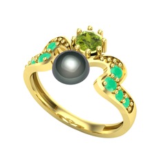 Ner İnci Yüzük - Siyah inci, peridot ve kök zümrüt 14 ayar altın yüzük #1c0mgd