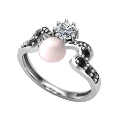 Ner İnci Yüzük - Pembe inci, beyaz zirkon ve siyah zirkon 14 ayar beyaz altın yüzük #1c2bi04