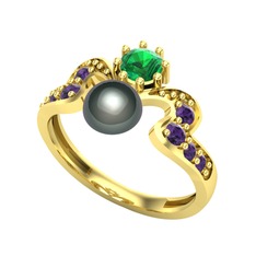 Siyah inci, yeşil kuvars ve ametist 8 ayar altın yüzük