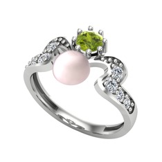 Pembe inci, peridot ve swarovski 8 ayar beyaz altın yüzük