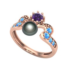 Ner İnci Yüzük - Siyah inci, ametist ve akuamarin 18 ayar rose altın yüzük #1cbm5m8