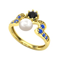 Inci, siyah zirkon ve lab safir 14 ayar altın yüzük