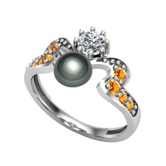 Siyah inci, swarovski ve sitrin 18 ayar beyaz altın yüzük