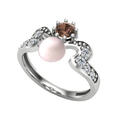 Pembe inci, dumanlı kuvars ve swarovski 8 ayar beyaz altın yüzük