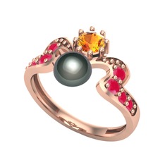 Ner İnci Yüzük - Siyah inci, sitrin ve kök yakut 925 ayar rose altın kaplama gümüş yüzük #1cva20p