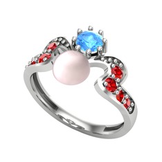 Ner İnci Yüzük - Pembe inci, akuamarin ve garnet 18 ayar beyaz altın yüzük #1cw895a
